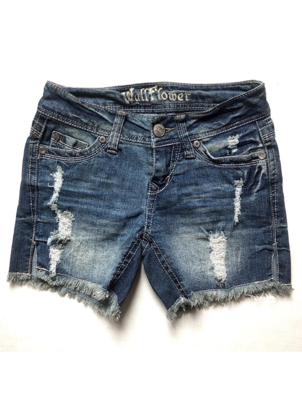 Wallflower Jean Shorts Jr Size 1 Blue Denim Stretch Low Rise Cutoff Distressed